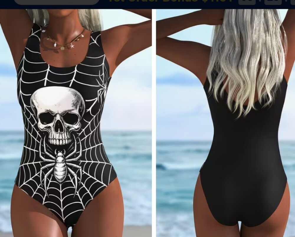 Black Skull & Spider Web One-Piece Swimsuit  NWT